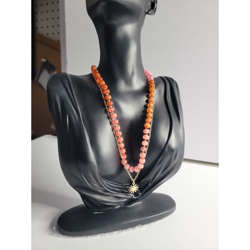 Layered Beaded Necklace Pink Orange Gold Tone Sun Charm Boho Double Strand